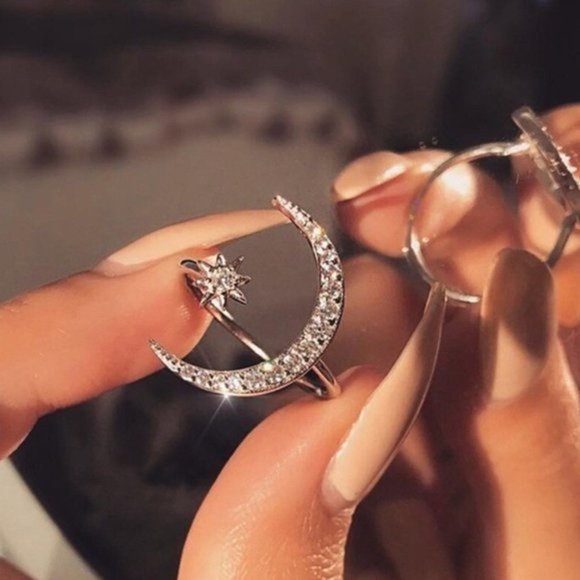 Sterling Silver Diamond Moon Star Resizable Ring